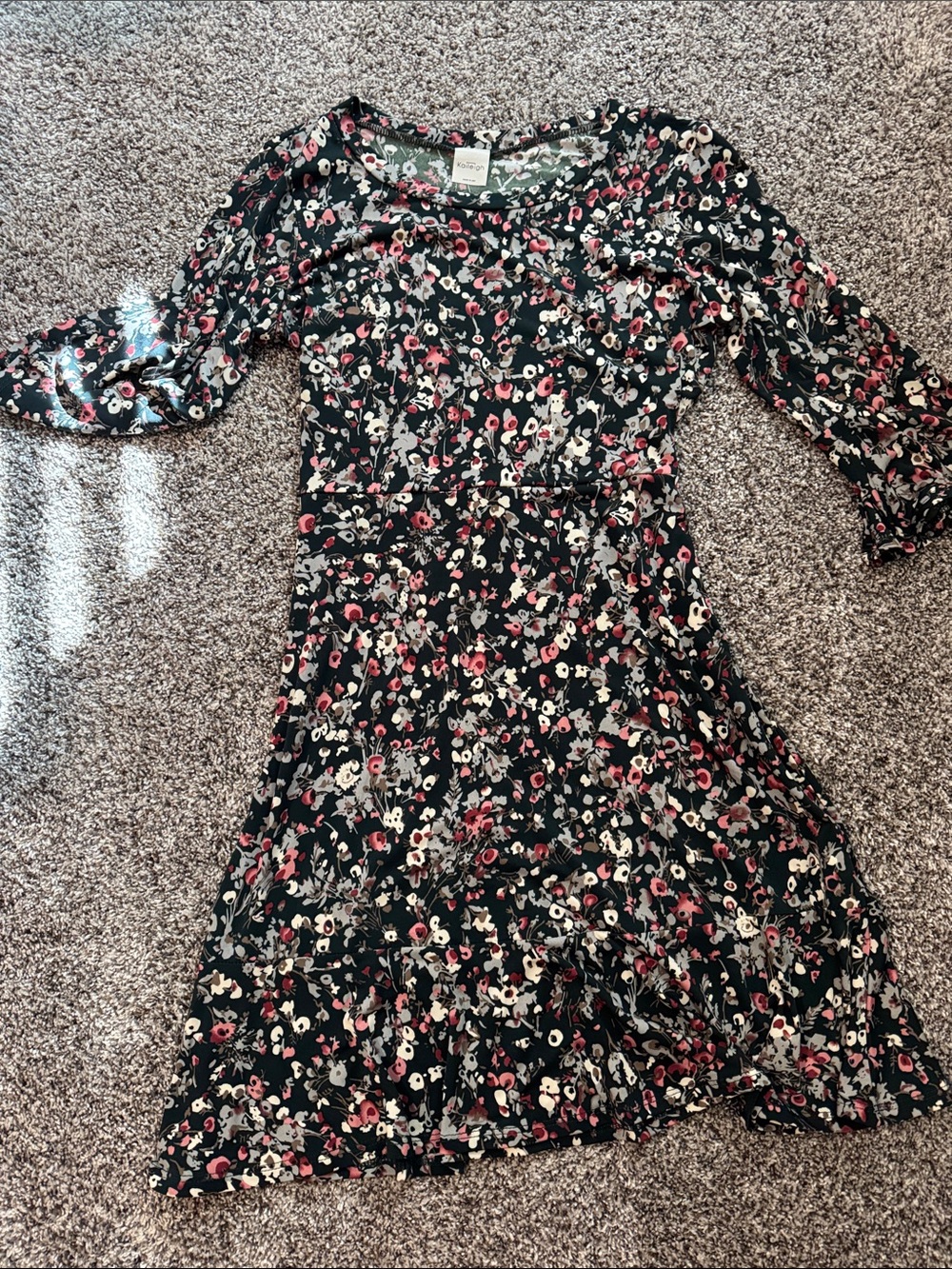 Floral Fit-and-Flare Women's Dress - Dark Green with Pink & Cream Blossoms